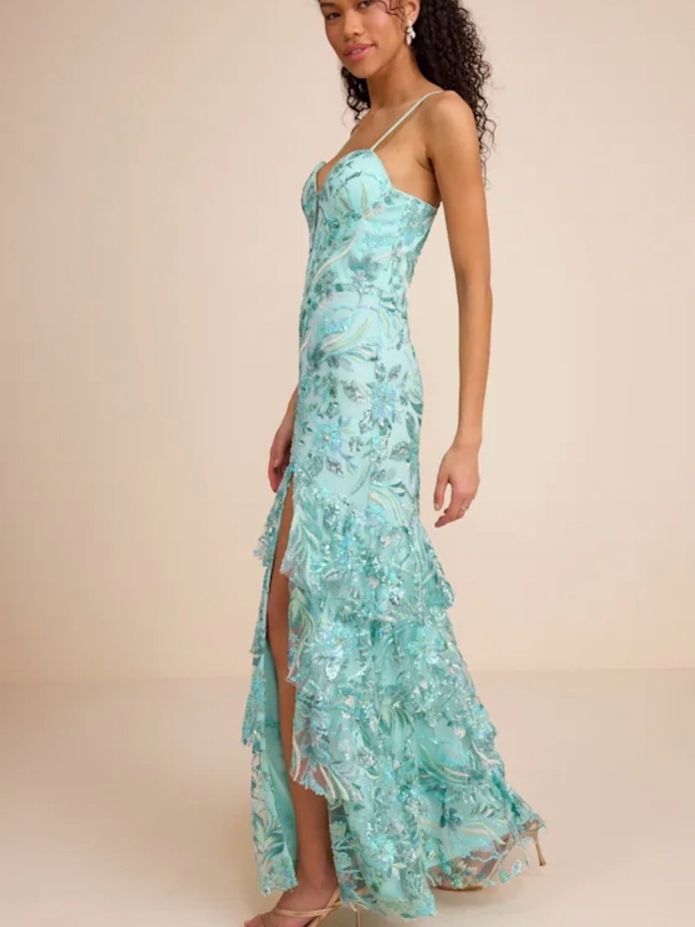 Lulus Angele Mint Blue Sequin Embroidered Tiered Maxi Dress - Size L - Picture 3 of 5